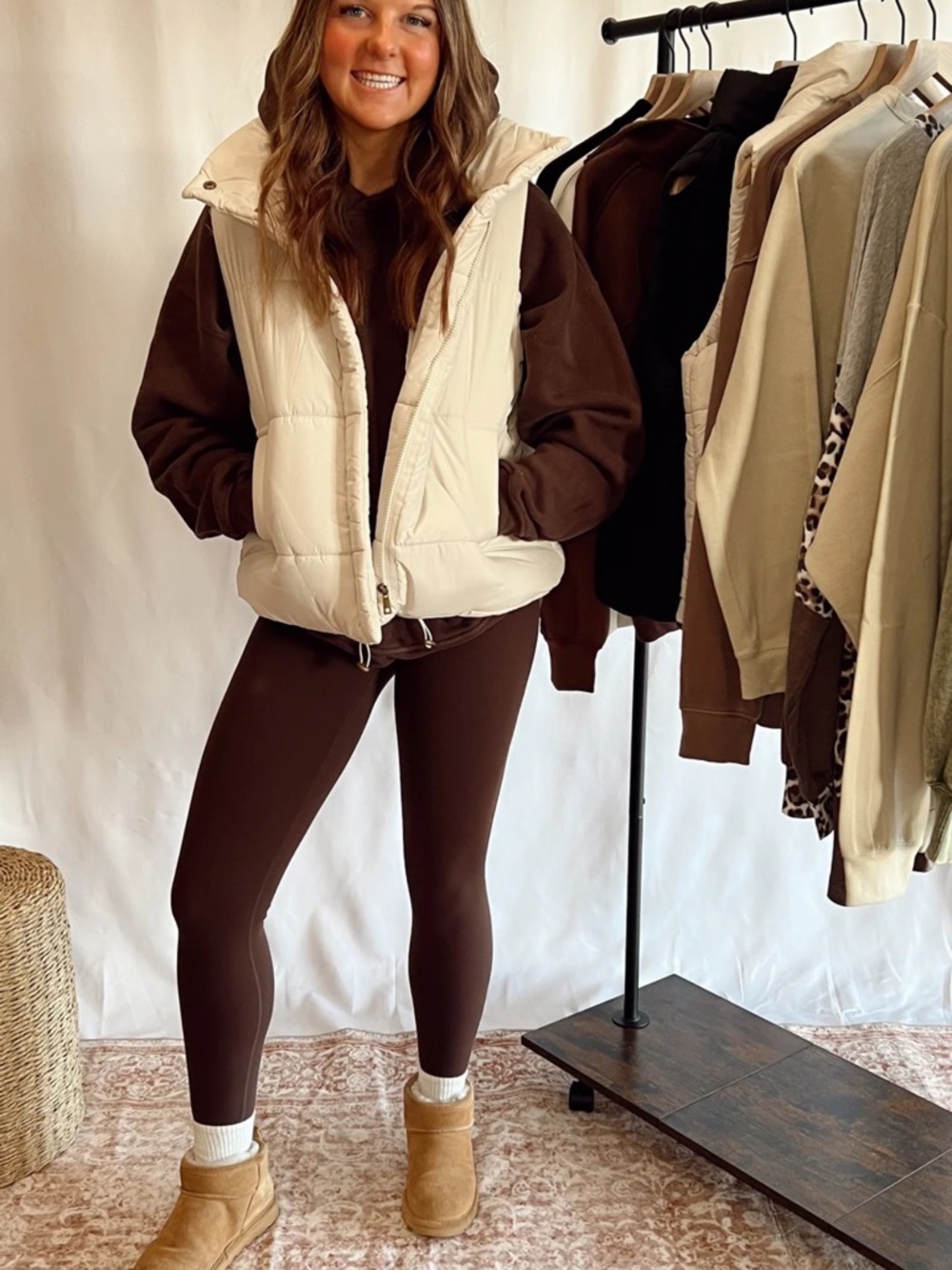 Cream Puffer Vest with Brown Layering
